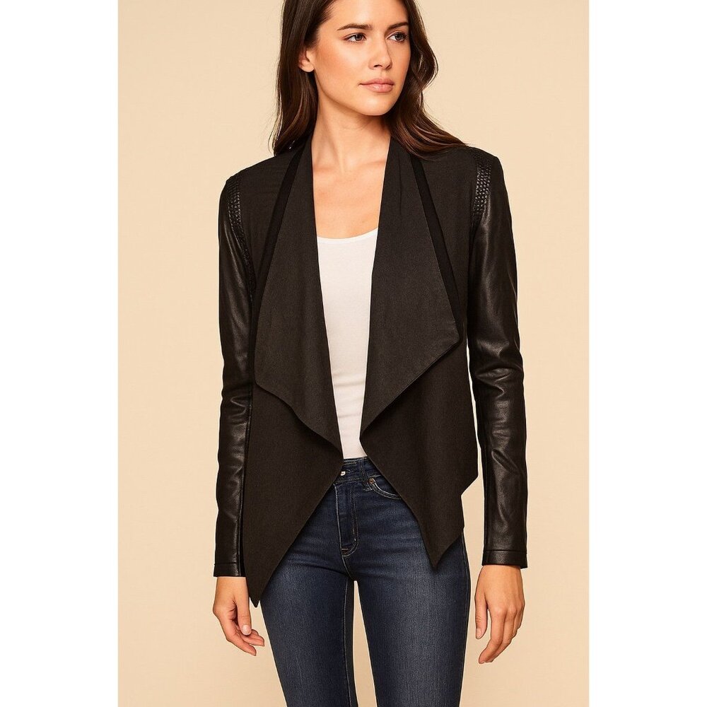 Stella & Jamie Black Genuine Leather Sleeve Open Front Jacket – Size Small
